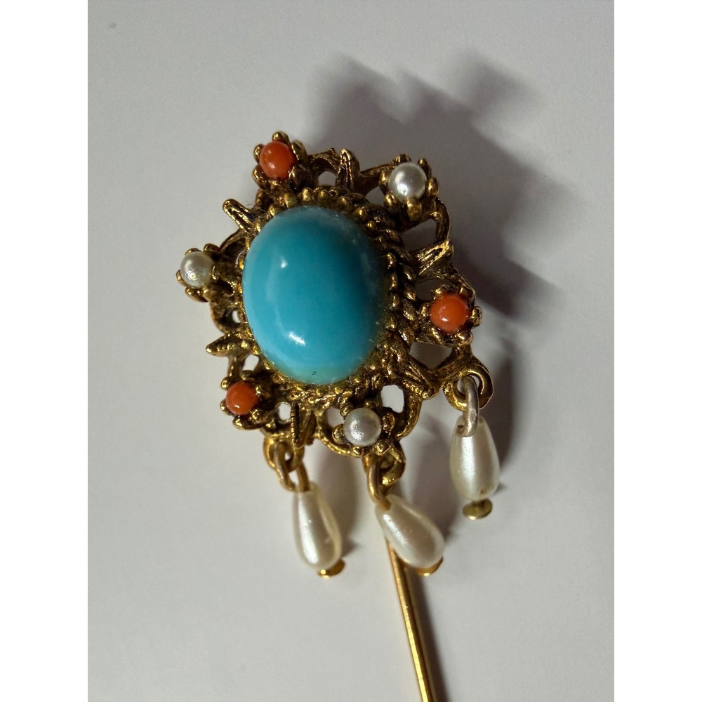 Vintage ART Signed Victorian Revival Turquoise Coral Pearl Dangle Stick Pin - Picture 2 of 5